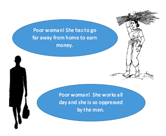 Two images of women in different work contexts accompanied by two blue text bubbles with opinion on oppression
