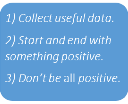 Collect useful data, start and end with something positive, don't be all positive