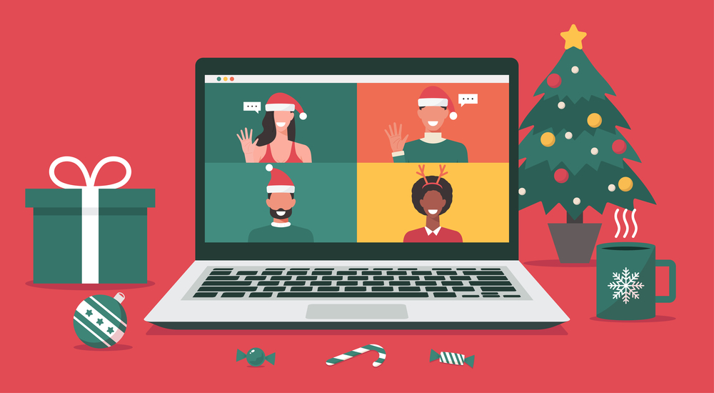 Illustration of people meeting over Zoom for Christmas.