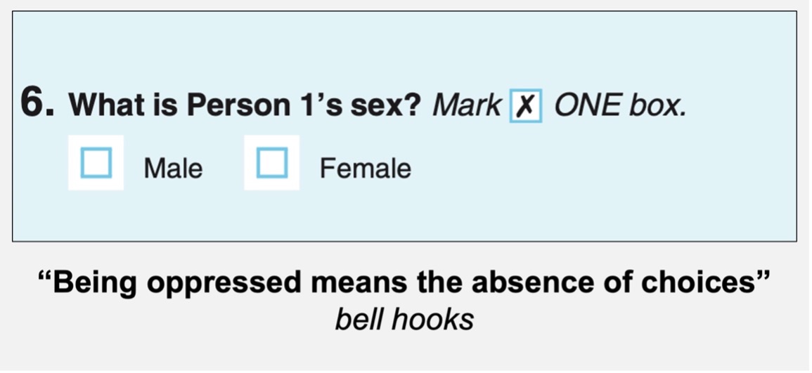 Census question: What is Person 1's sex? Mark ONE box. Male. Female.  Followed by the quote:  "Being oppressed means the absence of choices" - bell hooks