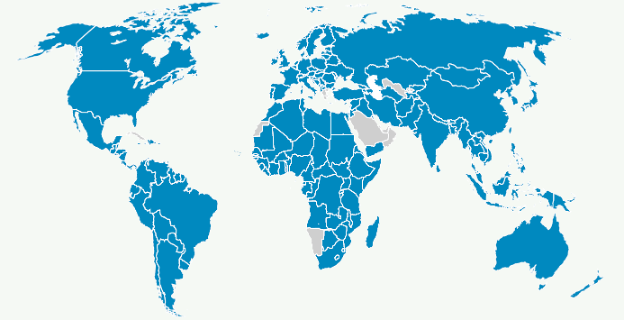 World map showing global participant registration by shading countries