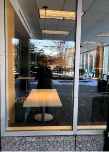 Image looking through a library window with the caption "On the Outside, Looking In—MSU Main Library (Bethany Hollender)"