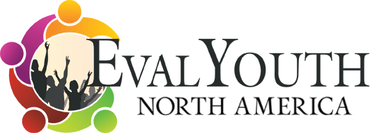 EvalYouth North America logo. Image of people raising their hands surrounded by green, red, purple, and yellow people icons.