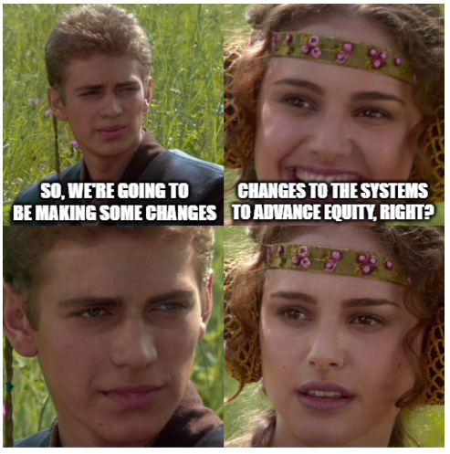 Four panels of stills from the movie when Padme and Anakin are having a picnic and the talk gets serious. Anakin, a white teenager  is frowning with the text "So, we're going to be making some changes."

The next frame is Padme smiling with the text, "Changes to the systems to advance equity, right?"

The next frame is Anakin just staring her down, smugly, saying nothing.

The final frame is Padme, as the smile fades from her face, speechless.