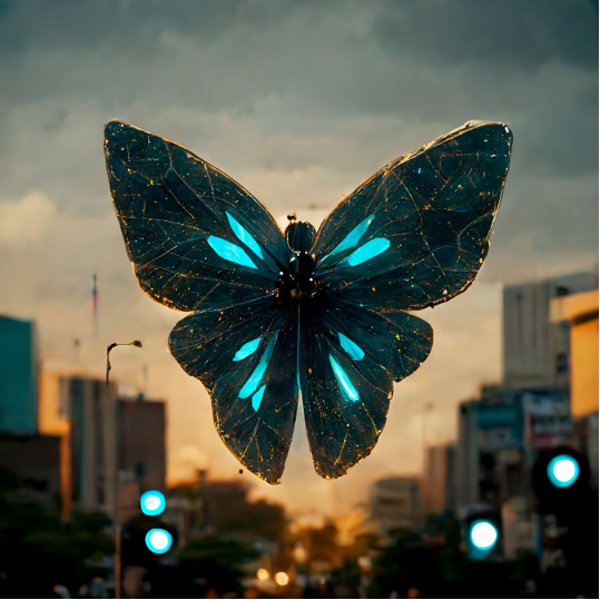 Digital data butterfly with a blurred city in the background.