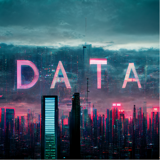 A massive sign that says "Data" looms over a networked city skyline, vaporwave, movie poster, digital art, detailed, hyperreal, unreal engine, octane render.