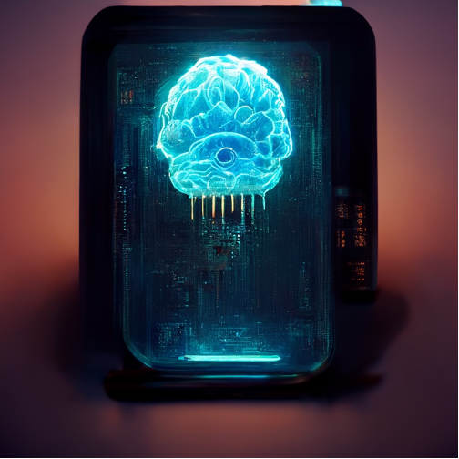 A glowing blue computer chip in the share of a brain, illustration, detailed, digital art, octane render.