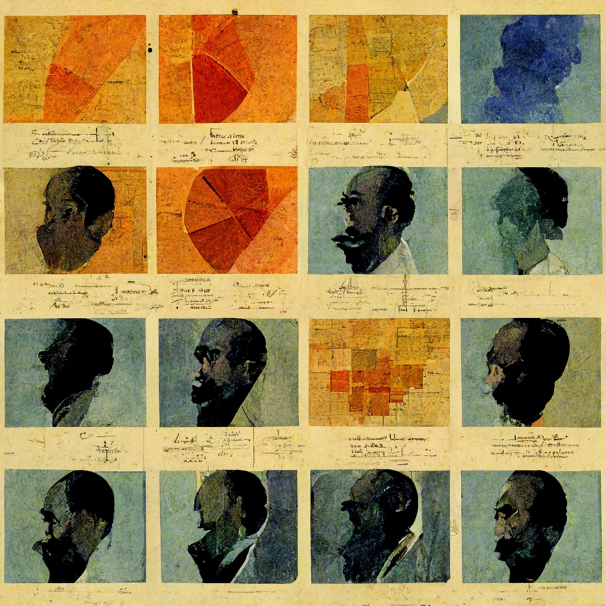 Equitable data visualization depicting the field of evaluation being reshaped in the style of W. E. B. Du Bois Data Portraits.
