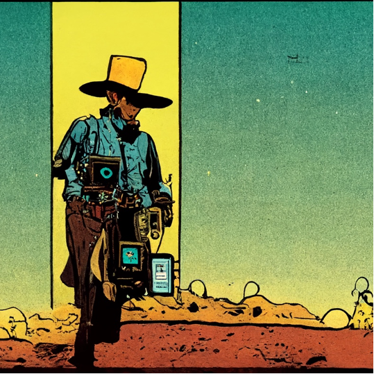 Cyberpunk cowboy using technology to evaluate for social justice in the style of old comic strip Lucky Luke.
