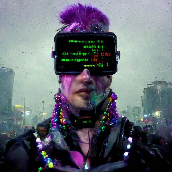 Dvaluation practitioner collecting data in cyberpunk Mardi Gras