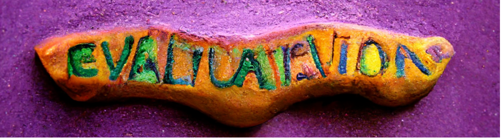 The word evaluation shaped in clay, Mardi Gras colors.