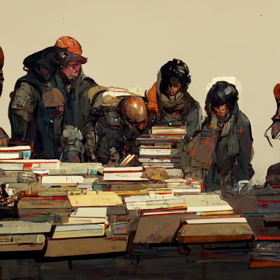 Concept art of a diverse group of evaluation workers repairing canonical books + in the style of Krenz Cushart, Ashley Wood, Sam Weber, Eric Fortune, Joao Ruas, Jon Foster, Craig Mullins, Rick Berry, Nigel Quarless + cinematic + aesthetic canon of proportion + seamless