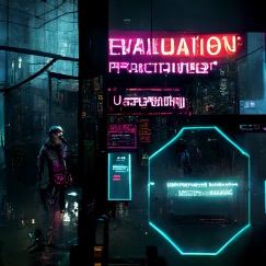 Evaluation practitioner collecting data in cyberpunk city, unreal engine