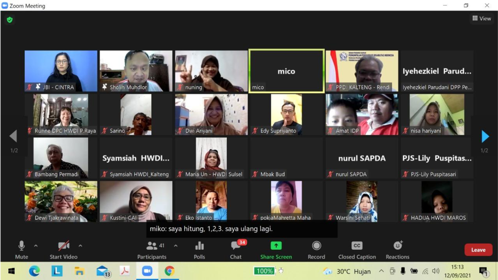 Screenshot of Zoom virtual learning exchange among organizations of persons with disabilities, with a Bahasa sign language interpreter to help with accessibility.