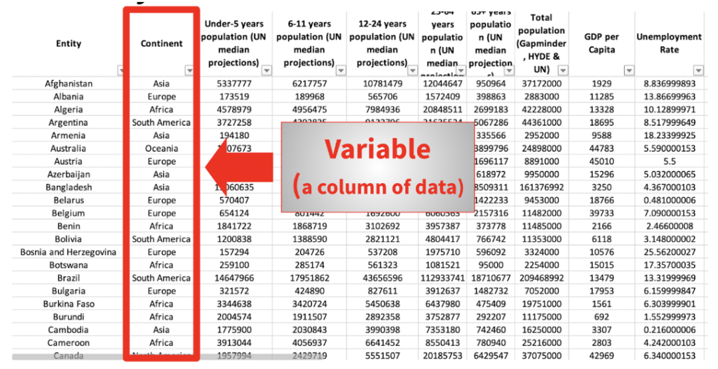 Image of a dataset with a variable indicated (a single column of data)