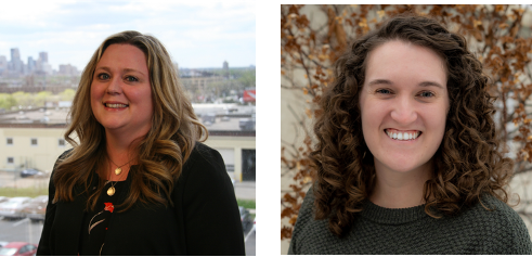 Left: Jenna Sethi is a white woman with blonde, wavy hair wearing a black blazer. She is smiling and standing in front of a view of the Minneapolis skyline.

Right: Clare Eisenberg is a white woman with brown, curly hair wearing a green sweater. She is smiling and standing in front of a tree.
