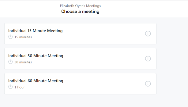 Demo of the Appointlet interface, depicting three appointment options: 15, 30, and 60 minute meetings.