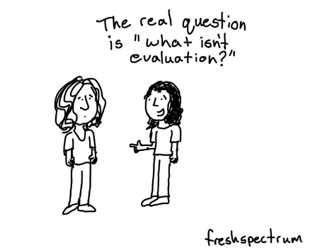 Fresh Spectrum cartoon drawing of two evaluators with long hair wearing t-shirts and pants saying, "The real question is 'what isn't evaluation.'"