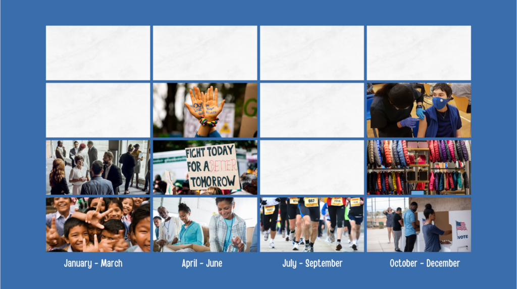 Timeline with photos for each section of the grid.