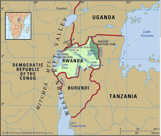 A map of East Africa, with Rwanda highlighted in yellow