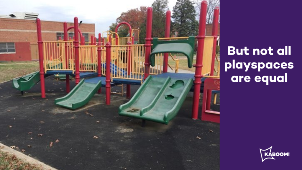 This is a picture of a playground structure which includes four plastic slides. Three of the four plastic slides have holes in them, making this an unsafe and unusable playground structure. Grown adults would be afraid to go down these slides. 