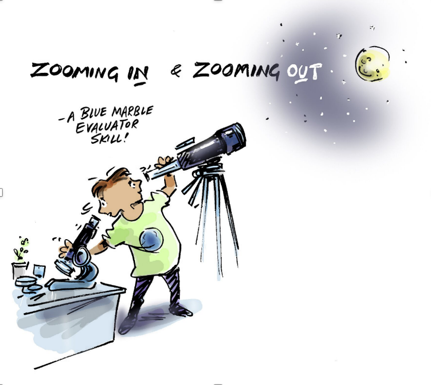 Image of man zooming in on a microscope and zooming out looking at the moon in a telescope.
