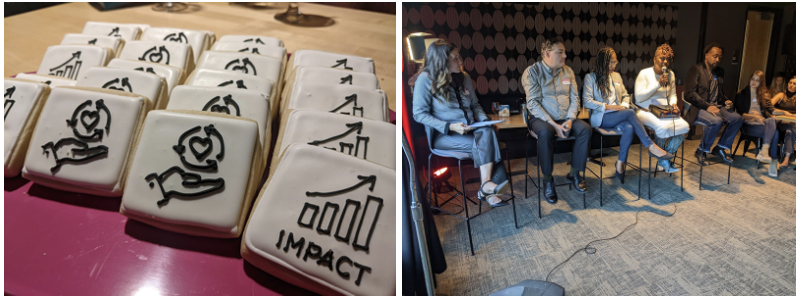 Image 1: Iced sugar cookies featuring a bar chart and the word "impact", and a hand holding a heart.

Image 2: Panelists sitting, one is holding the microphone and speaking.