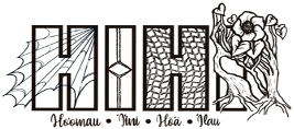 Black and white text spells out "HIHI" in capital letters. Each letter has an accompanying visual. The "H" has a spider web, the "I" has a diamond shape, the second "H" has a net and the second "I" has a flower growing out of a woody tree.