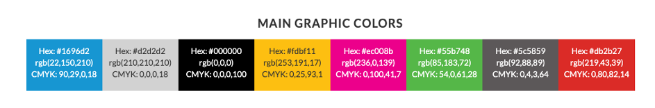 Example style guide section showing the main graphic colors with hex, rgb, and CMYK codes for each.