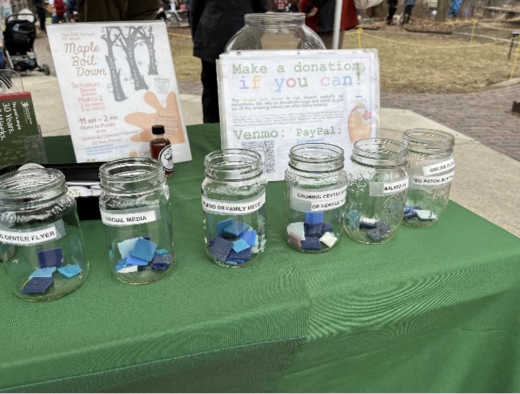 Six glass jars, labeled with different outreach methods, and holding some blue tiles, sit on a table